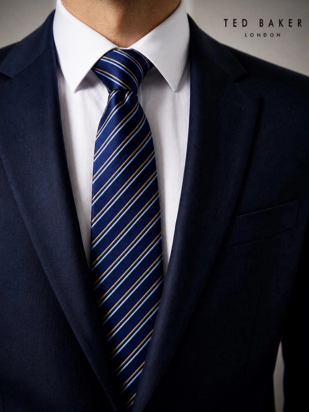 Ted Baker London 100% Silk Tie Navy Blue Striped Handmade Designer Mens Classic